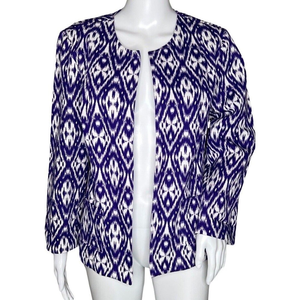 Chicos Blazer Womens Medium Crocus Purple White Tribal Ikat Print Office Casual